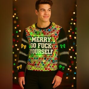 Spencer’s MERRY GO F*CK YOURSELF Ugly Christmas Sweater Lights Up! Size XL‎